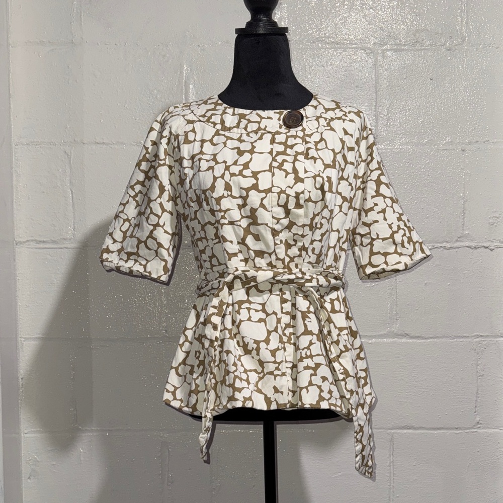 J. Crew White and Tan Abstract 3/4 Sleeve Cropped Open Blazer/Jacket Size 2